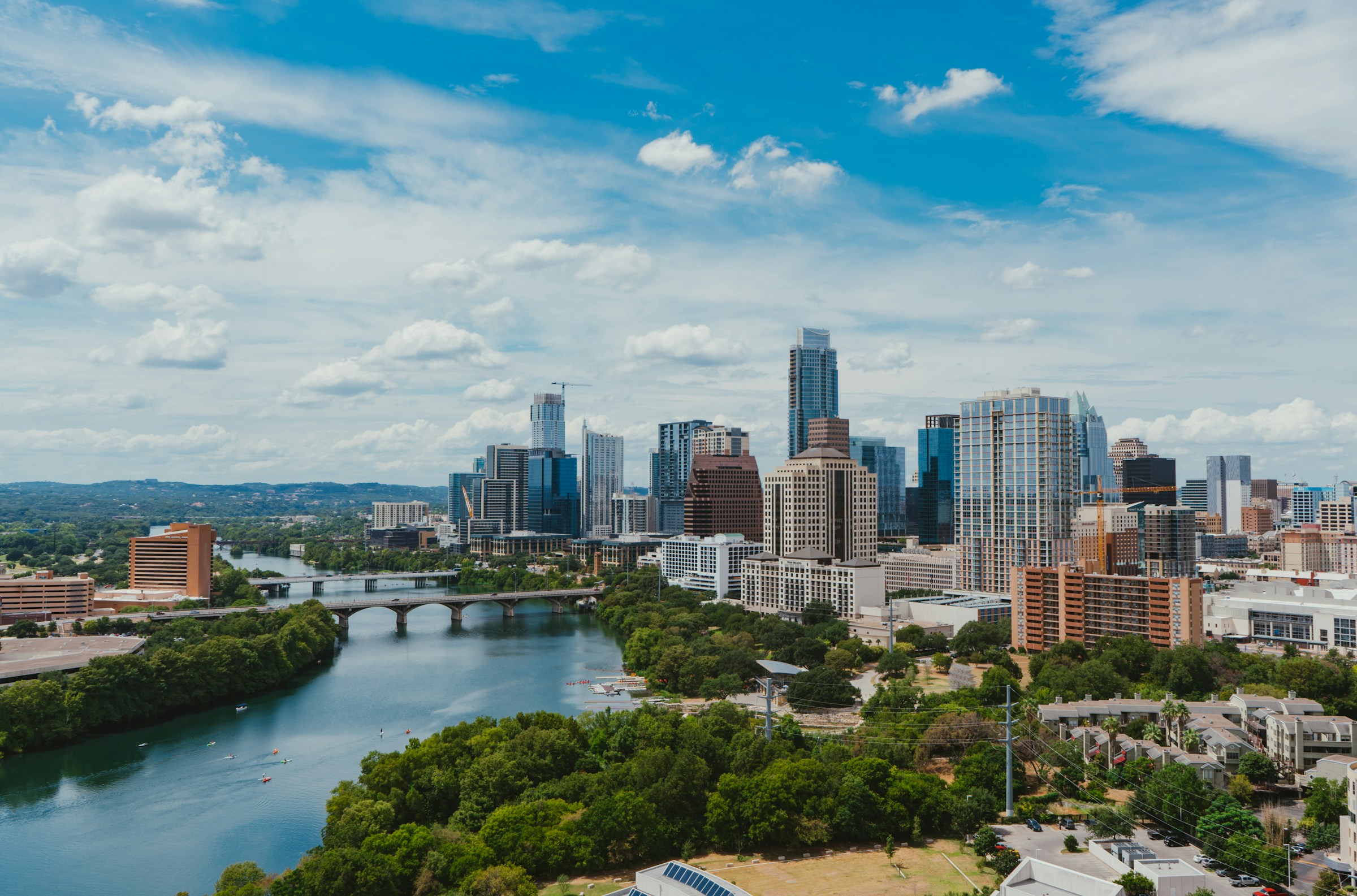 Aerial photo of the Austin, Texas skyline along Lady Bird Lake